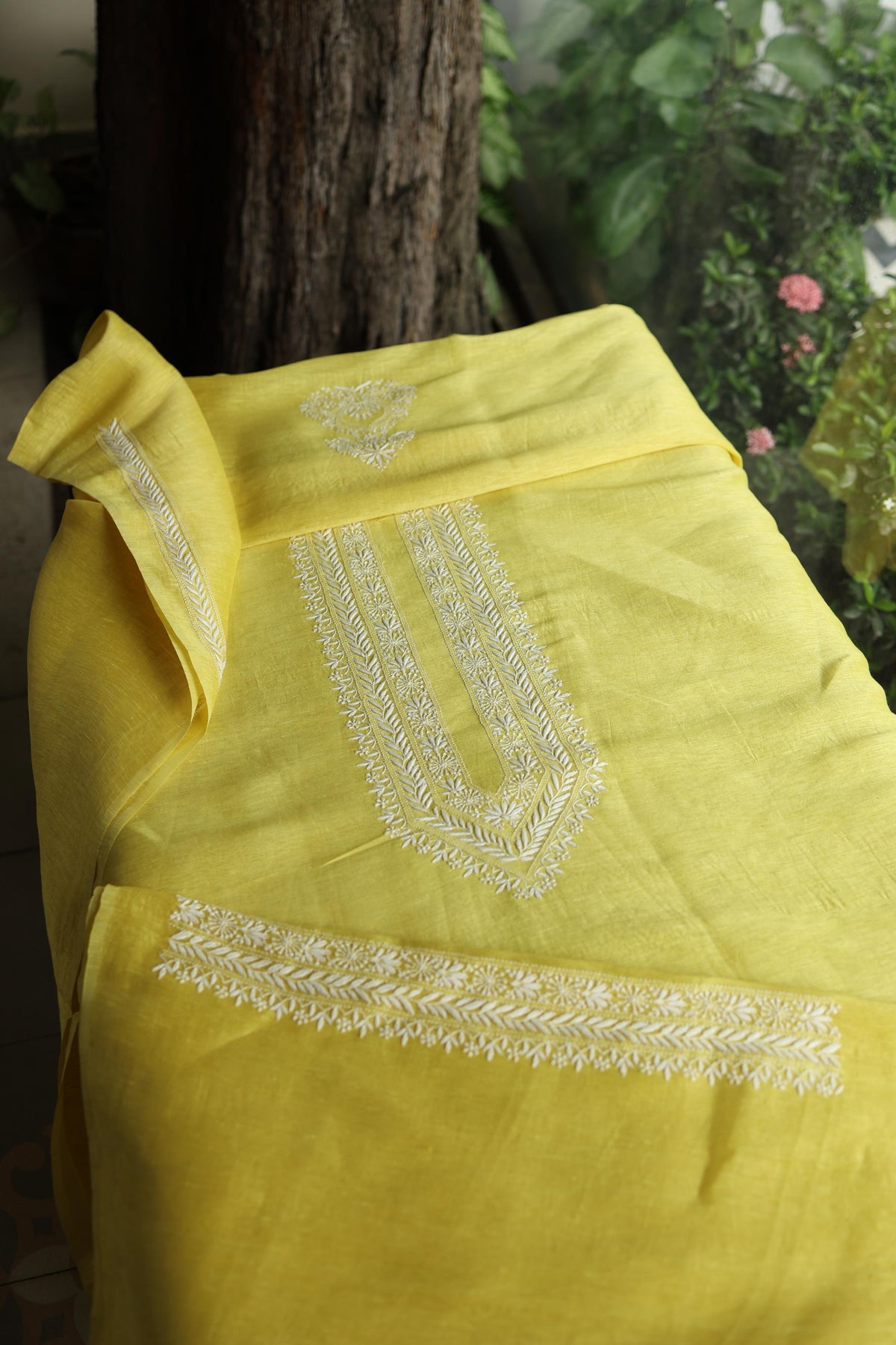 Yellow Linen Chikankari Unstitched Men's Kurta Fabric