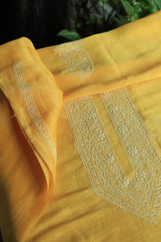 Yellow Linen Chikankari Unstitched Men's Kurtas Fabric