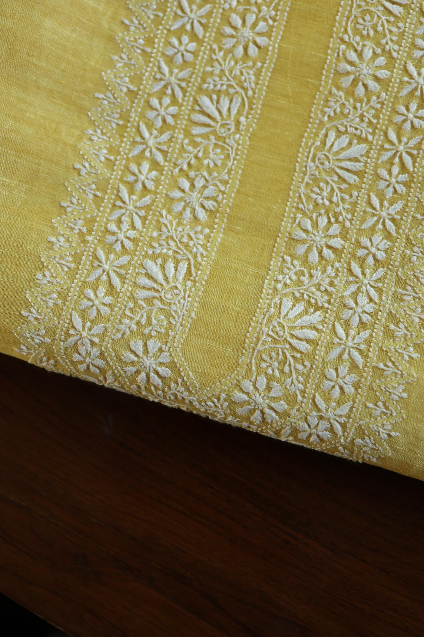 Yellow Linen Chikankari Unstitched Men's Kurtas Fabric