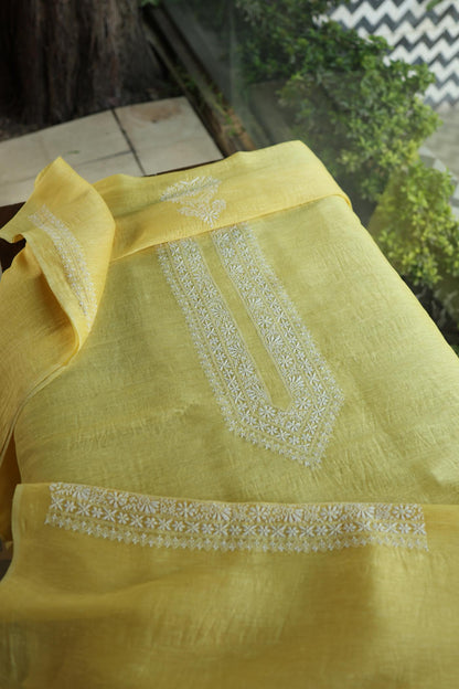 Yellow Linen Chikankari Unstitched Men's Kurtas Fabric