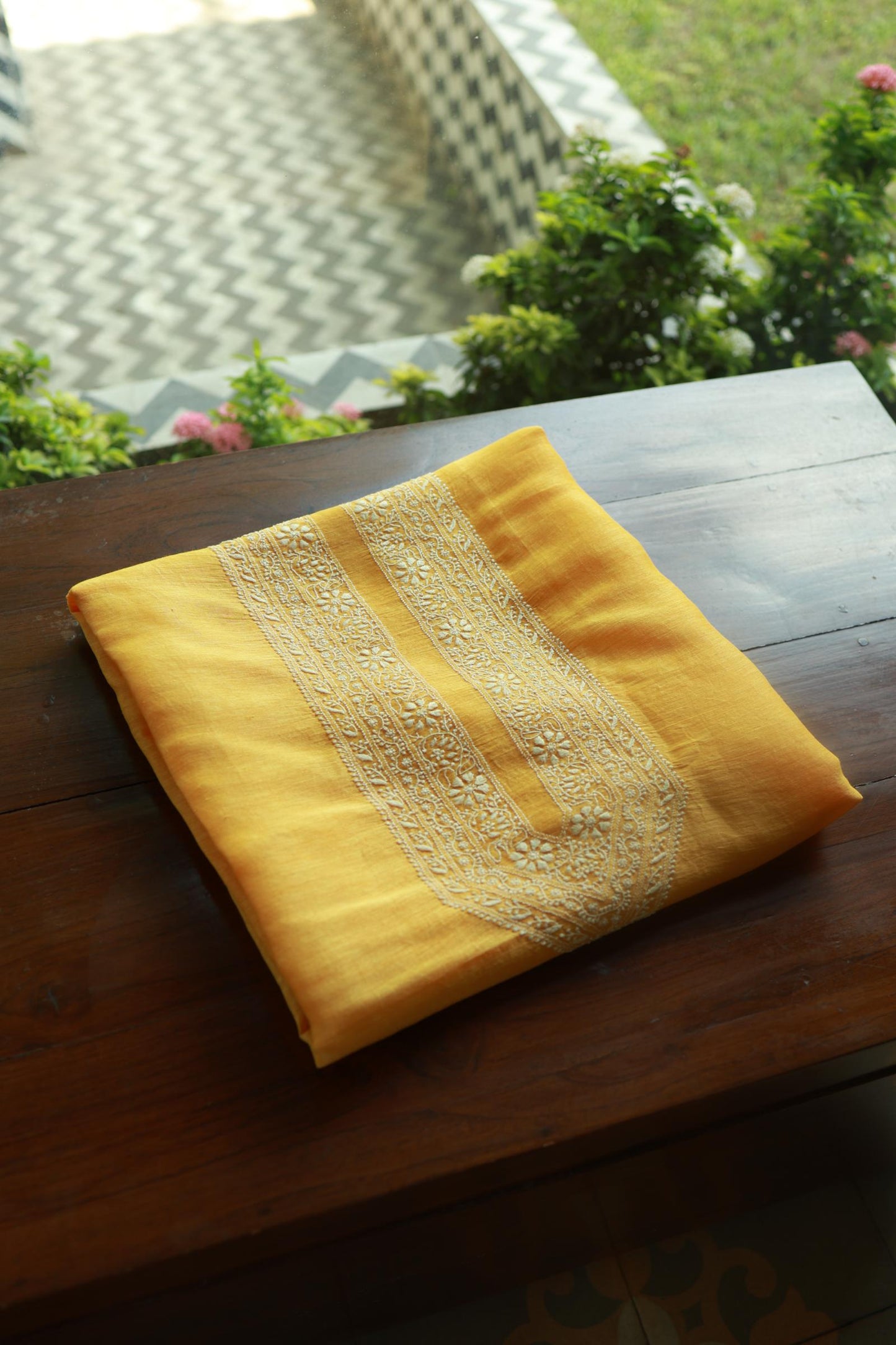 Yellow Linen Chikankari Unstitched Men's Kurtas Fabric