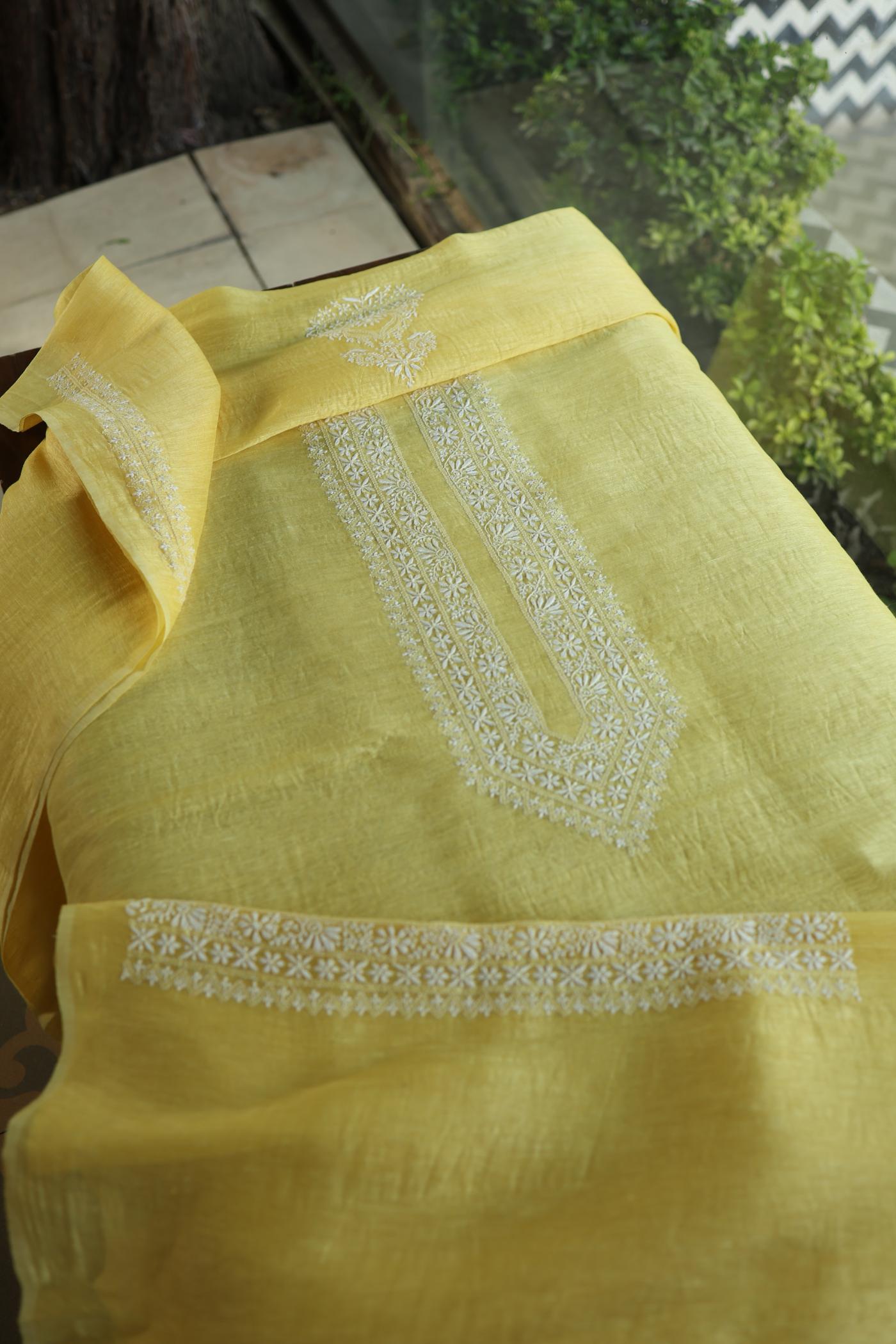 Yellow Linen Chikankari Unstitched Men's Kurtas Fabric
