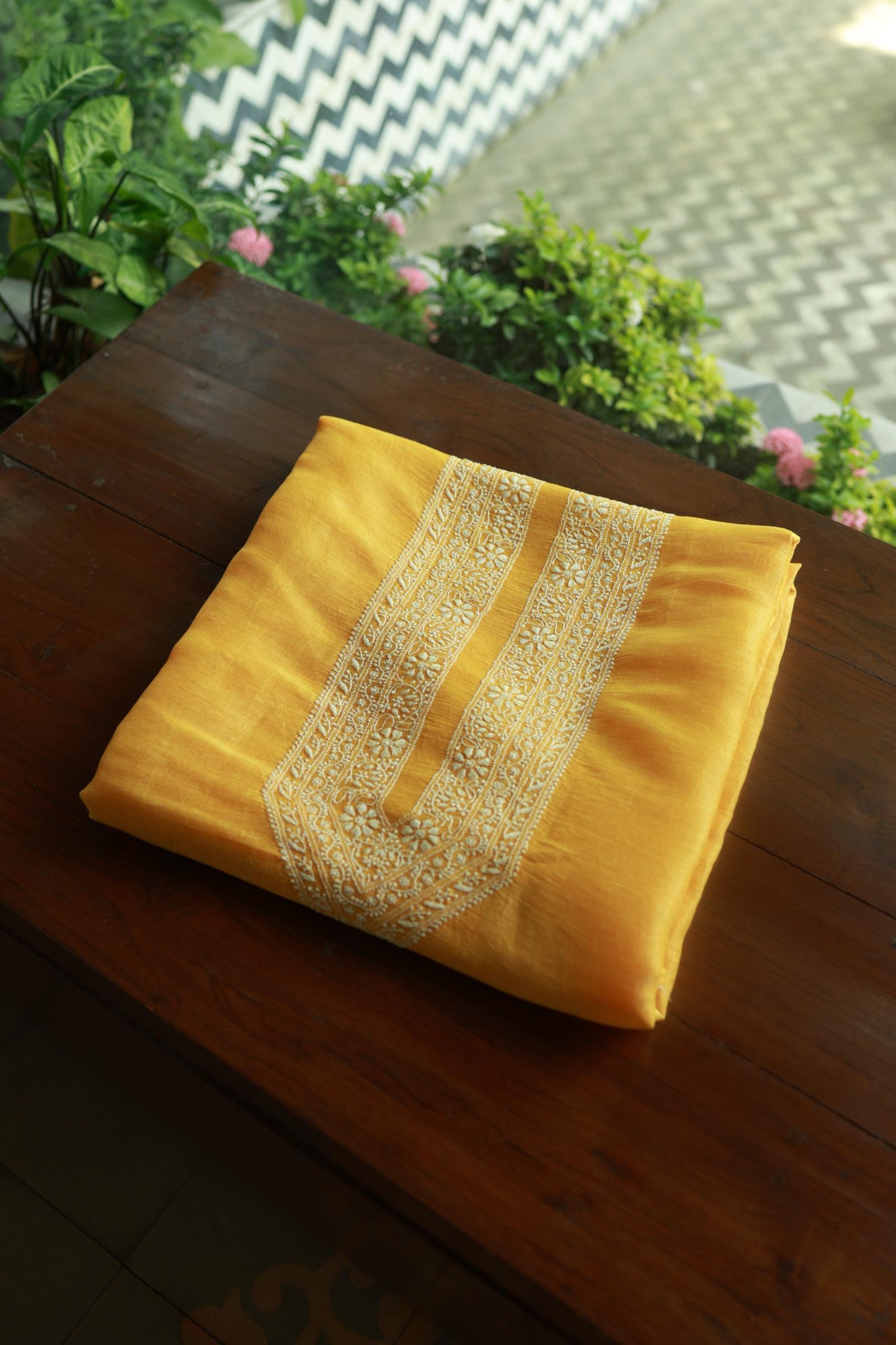Yellow Linen Chikankari Unstitched Men's Kurtas Fabric
