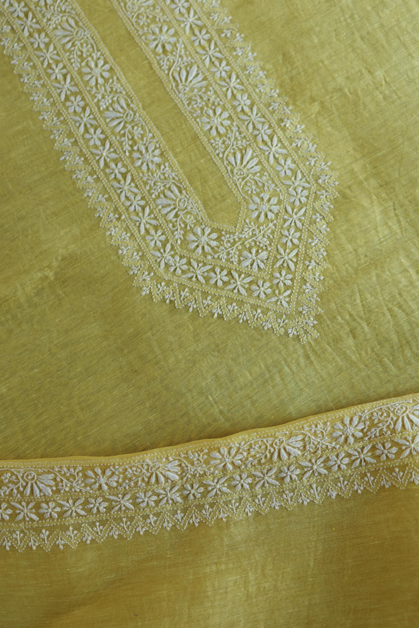 Yellow Linen Chikankari Unstitched Men's Kurtas Fabric