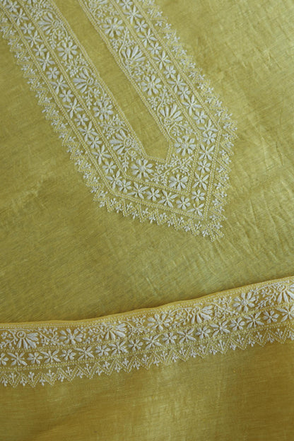 Yellow Linen Chikankari Unstitched Men's Kurtas Fabric