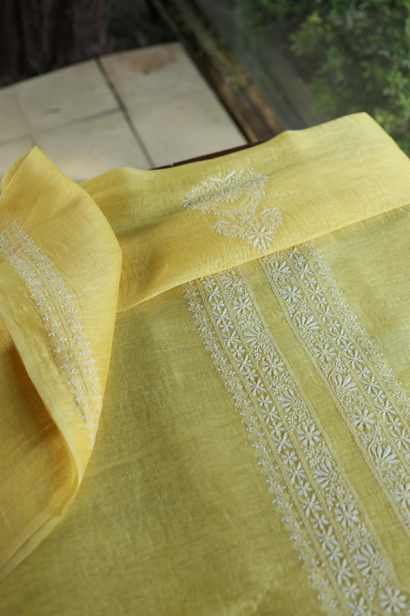 Yellow Linen Chikankari Unstitched Men's Kurtas Fabric