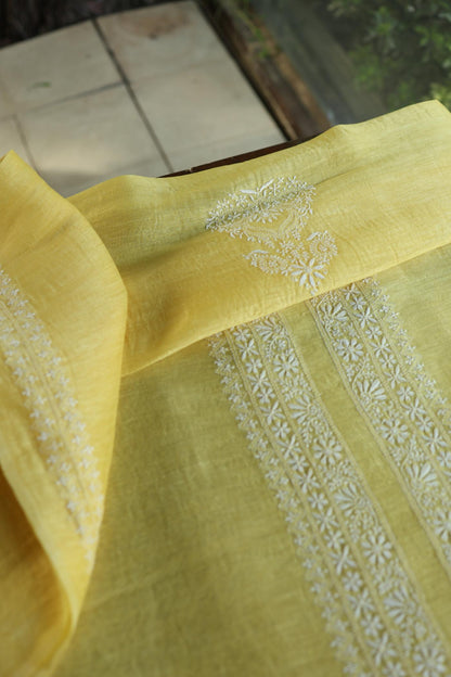 Yellow Linen Chikankari Unstitched Men's Kurtas Fabric