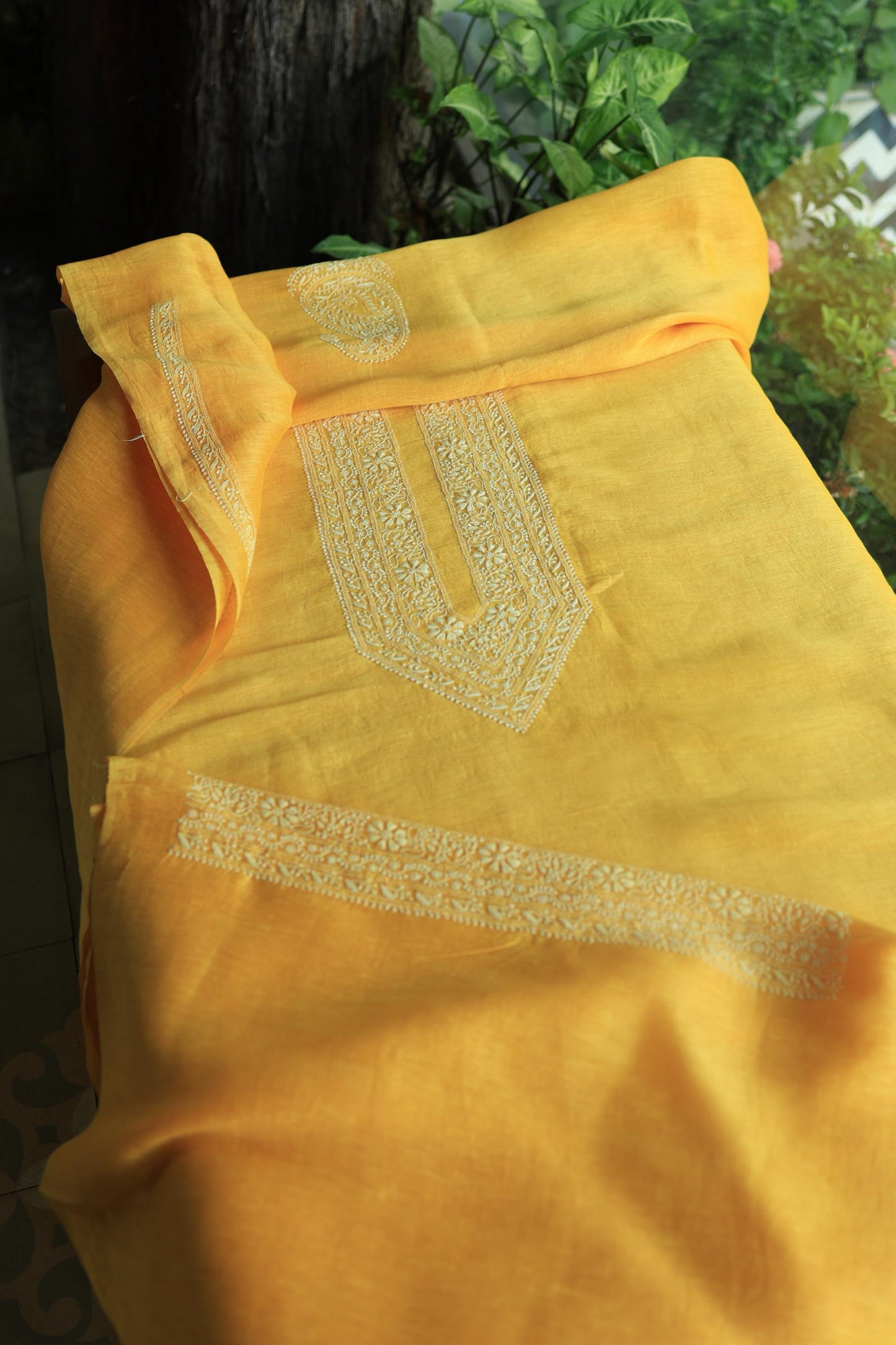 Yellow Linen Chikankari Unstitched Men's Kurtas Fabric