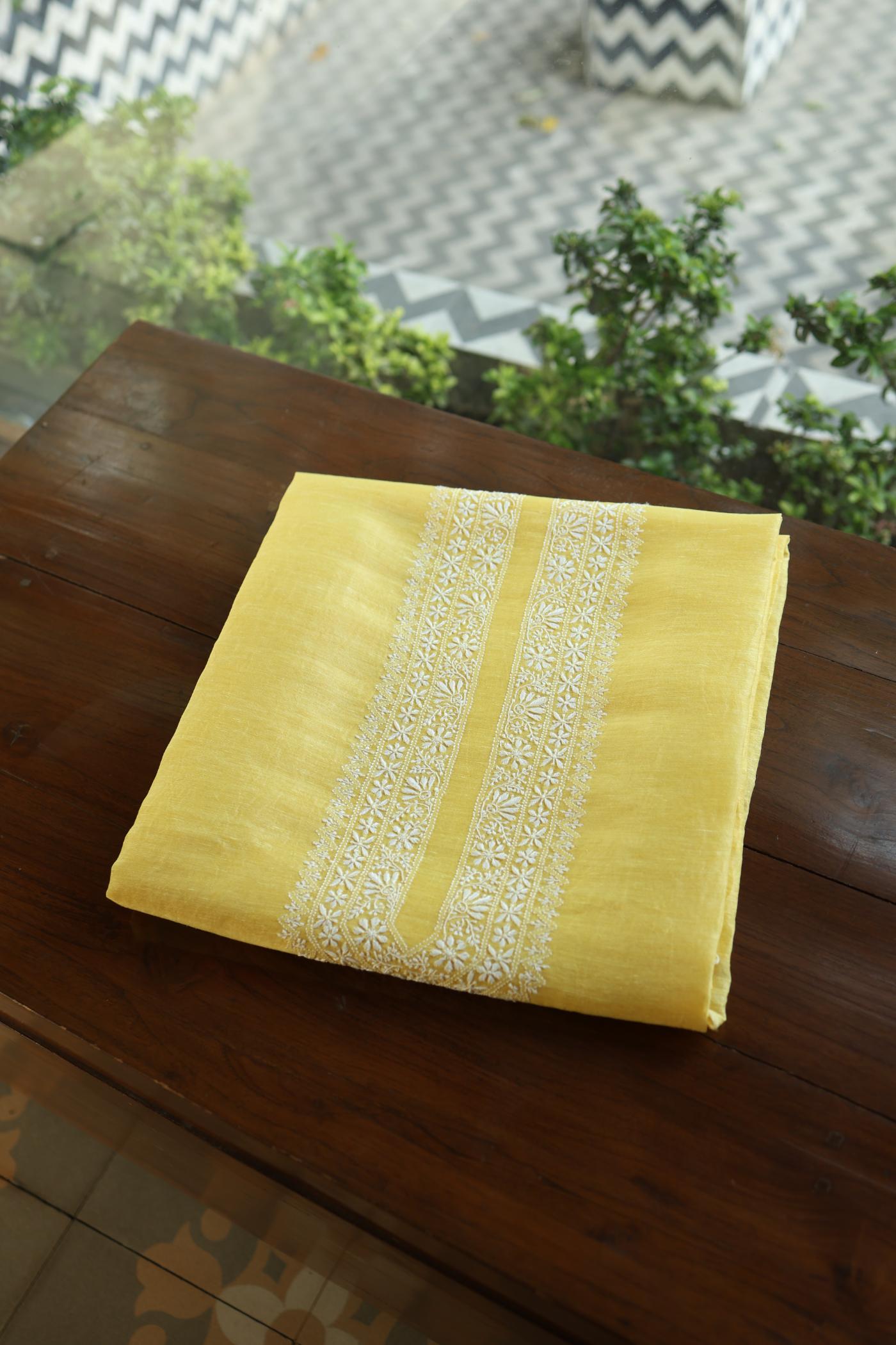 Yellow Linen Chikankari Unstitched Men's Kurtas Fabric