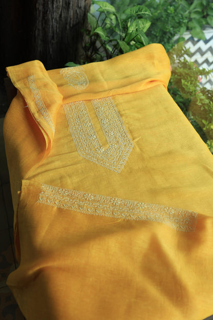 Yellow Linen Chikankari Unstitched Men's Kurtas Fabric
