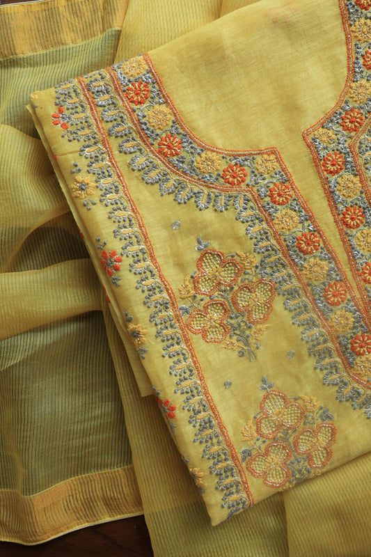 Yellow Linen Silk Chikankari With Ari Work Unstitched Kurta Dupatta Set