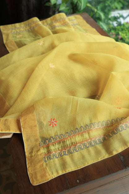 Yellow Linen Silk Chikankari With Ari Work Unstitched Kurta Dupatta Set