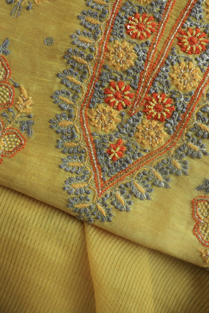 Yellow Linen Silk Chikankari With Ari Work Unstitched Kurta Dupatta Set