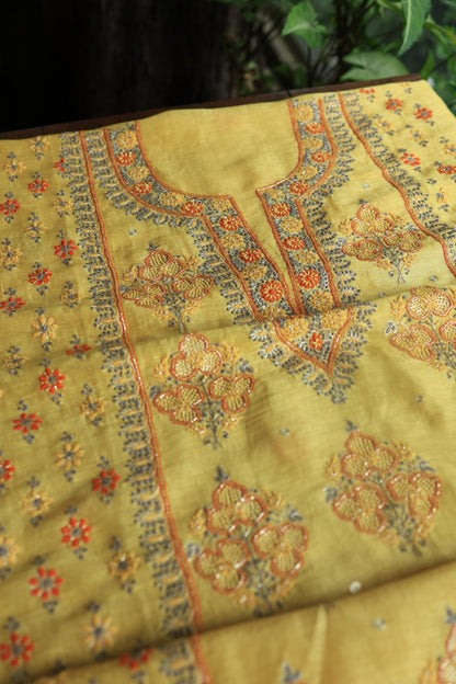 Yellow Linen Silk Chikankari With Ari Work Unstitched Kurta Dupatta Set