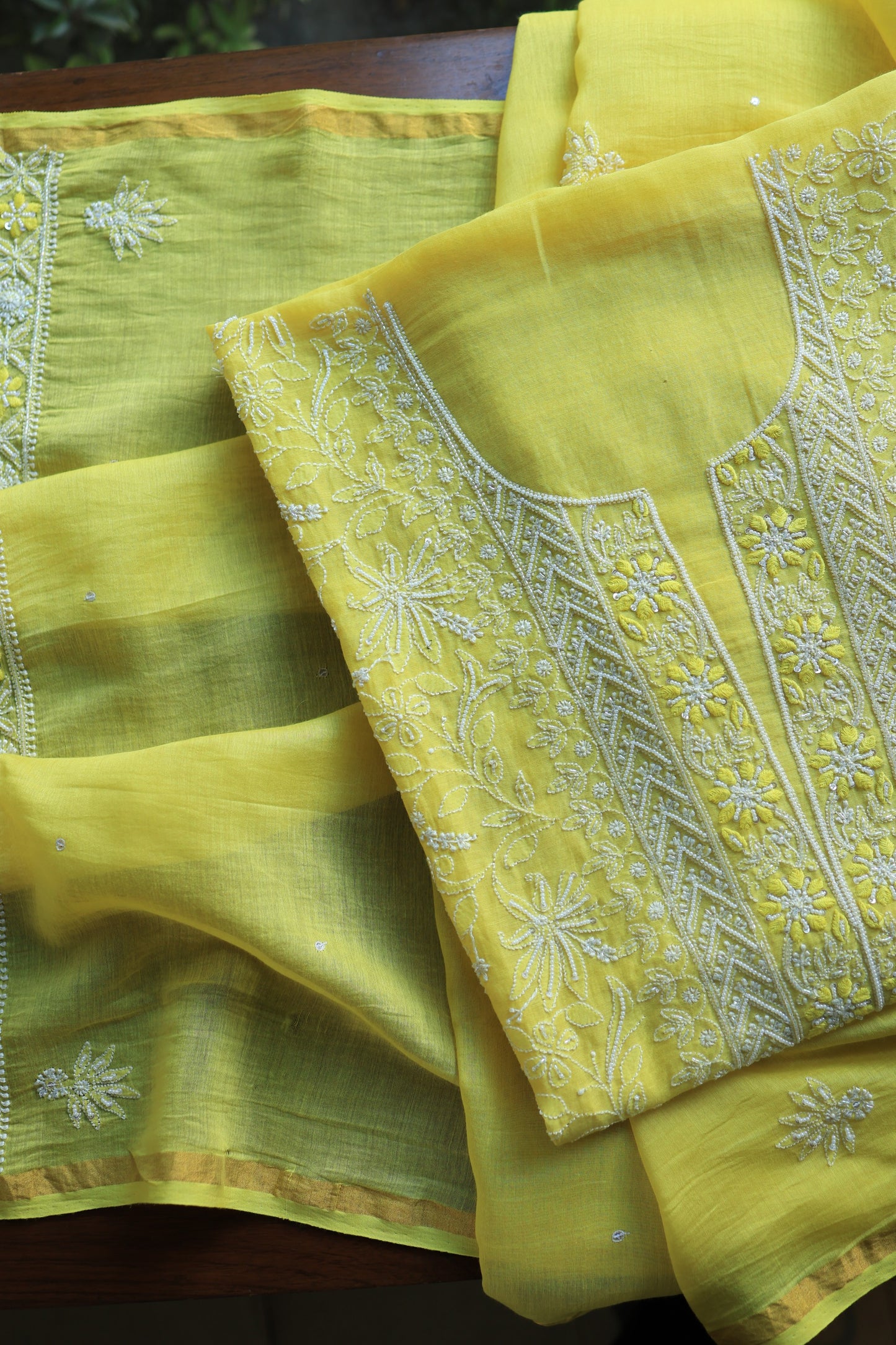 Yellow Mal Chanderi Silk Chikankari With Sequins Unstitched Kurta Dupatta Set