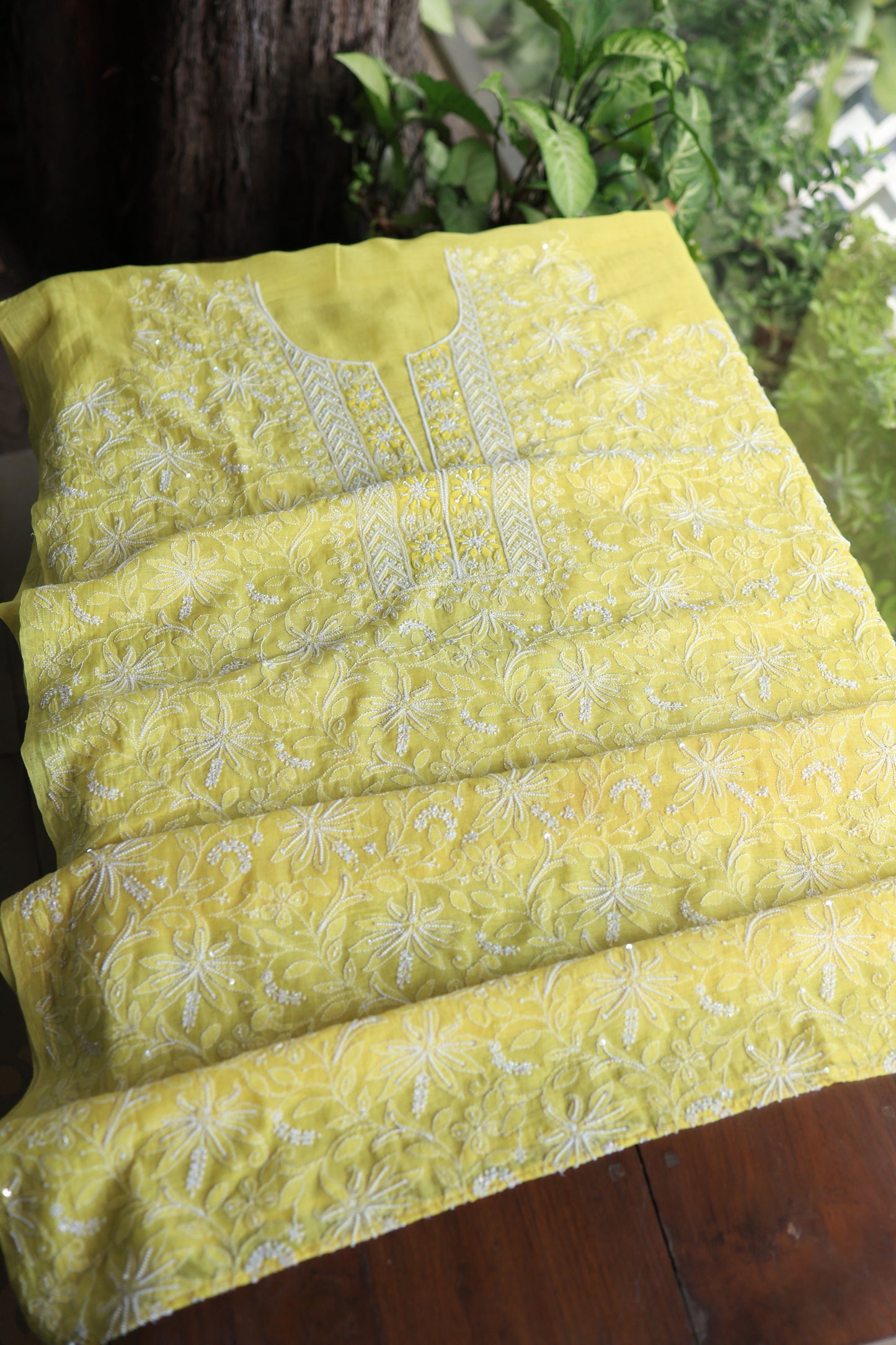 Yellow Mal Chanderi Silk Chikankari With Sequins Unstitched Kurta Dupatta Set