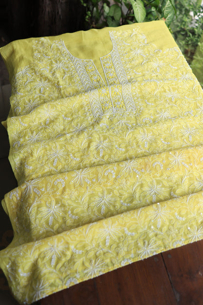 Yellow Mal Chanderi Silk Chikankari With Sequins Unstitched Kurta Dupatta Set