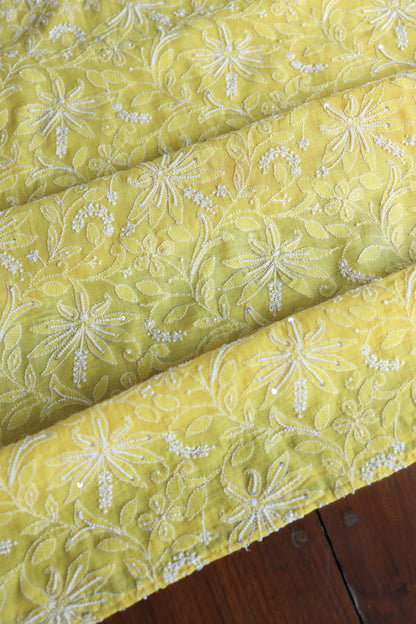 Yellow Mal Chanderi Silk Chikankari With Sequins Unstitched Kurta Dupatta Set