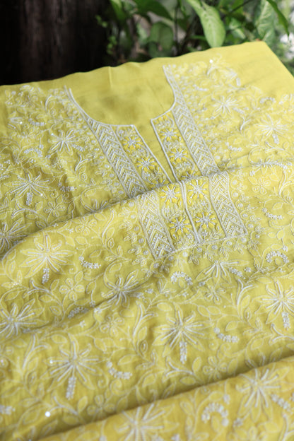 Yellow Mal Chanderi Silk Chikankari With Sequins Unstitched Kurta Dupatta Set