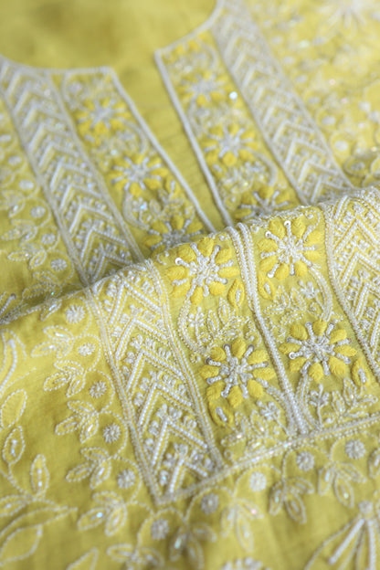Yellow Mal Chanderi Silk Chikankari With Sequins Unstitched Kurta Dupatta Set