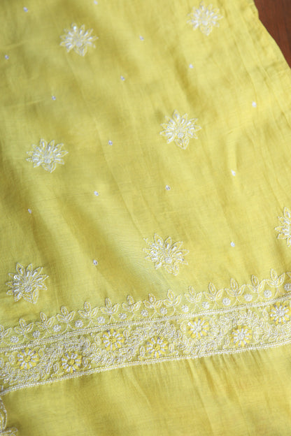 Yellow Mal Chanderi Silk Chikankari With Sequins Unstitched Kurta Dupatta Set
