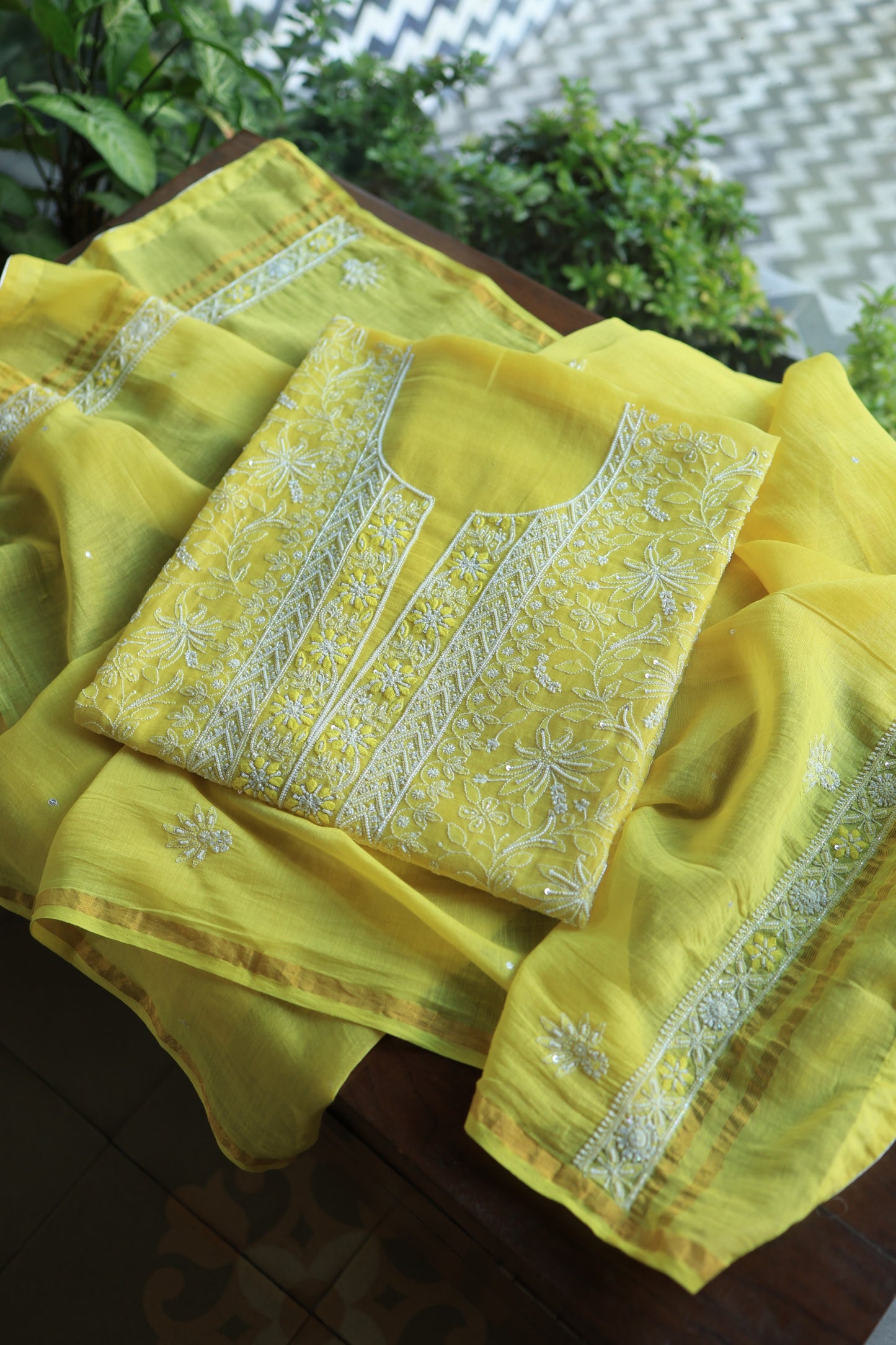 Yellow Mal Chanderi Silk Chikankari With Sequins Unstitched Kurta Dupatta Set