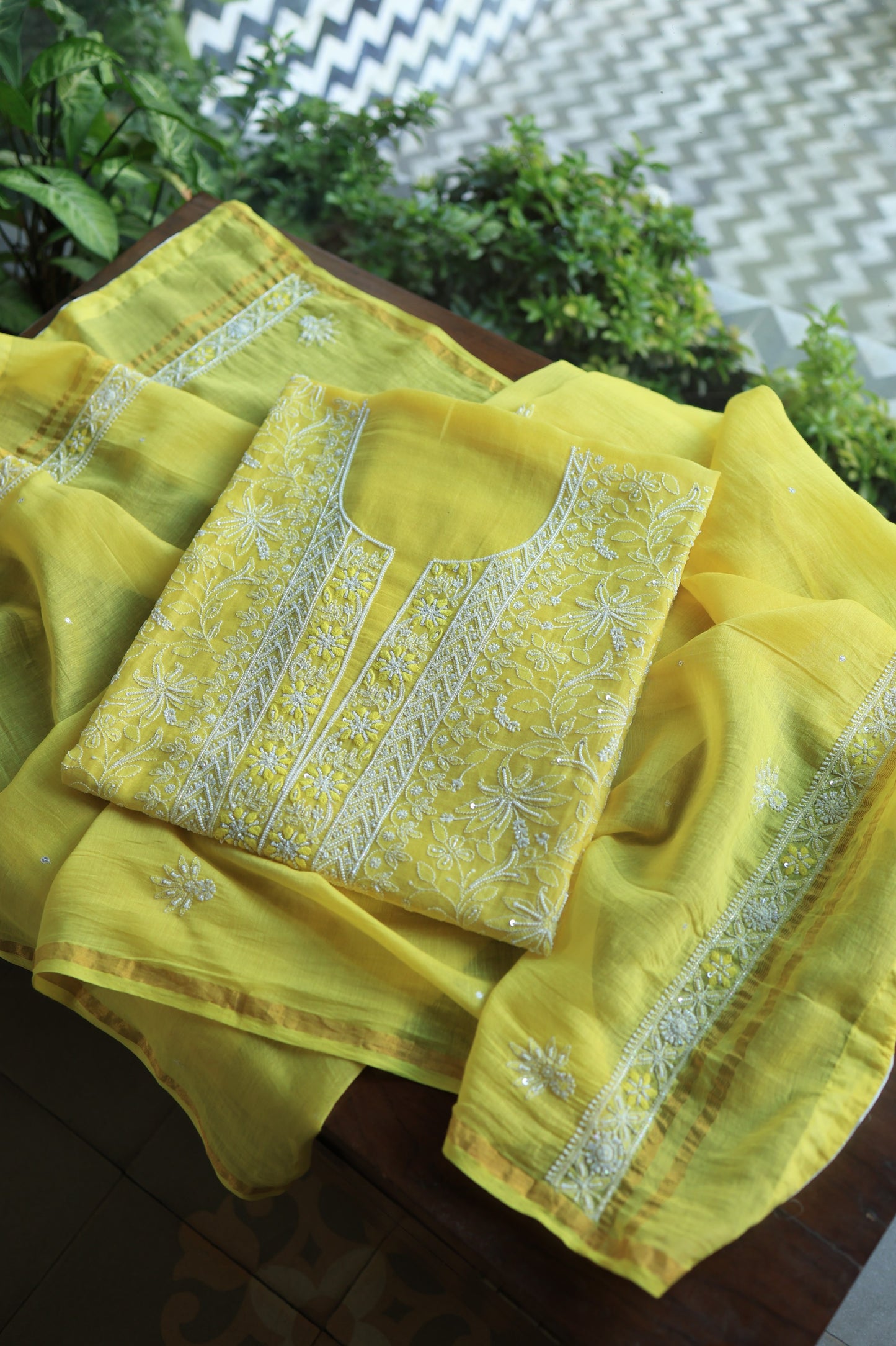 Yellow Mal Chanderi Silk Chikankari With Sequins Unstitched Kurta Dupatta Set
