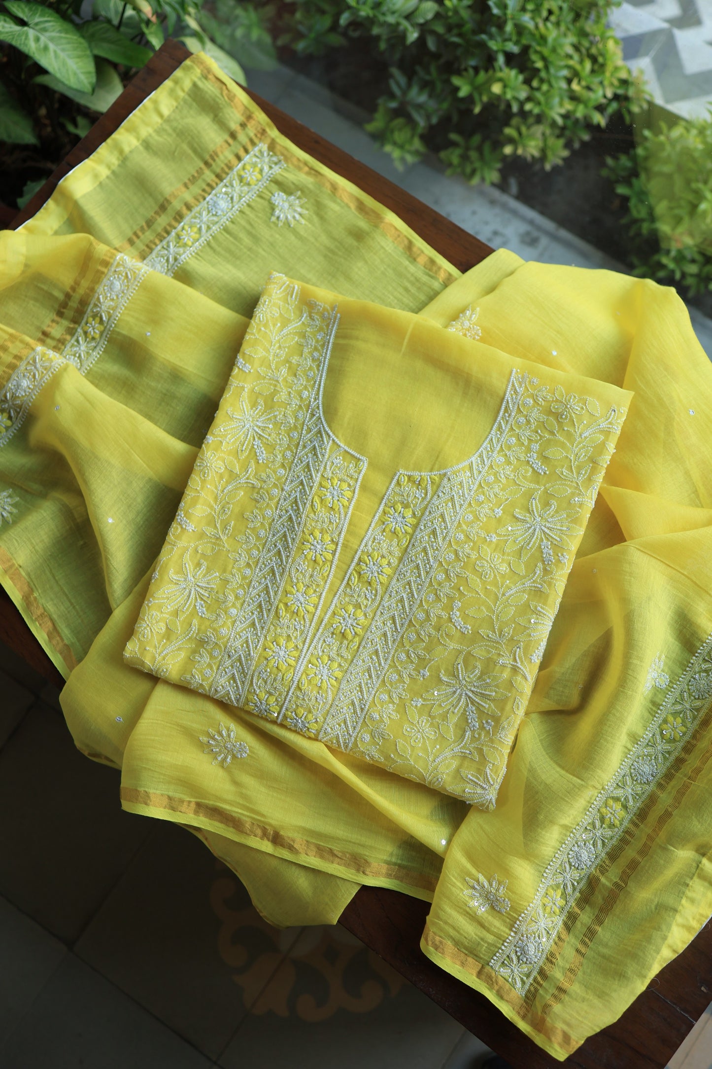 Yellow Mal Chanderi Silk Chikankari With Sequins Unstitched Kurta Dupatta Set