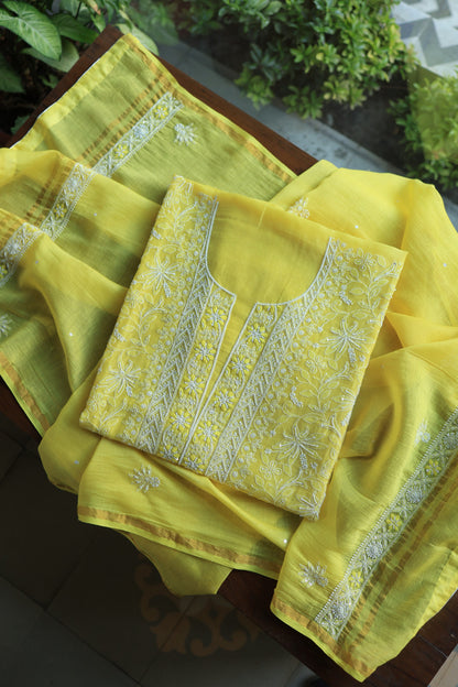 Yellow Mal Chanderi Silk Chikankari With Sequins Unstitched Kurta Dupatta Set