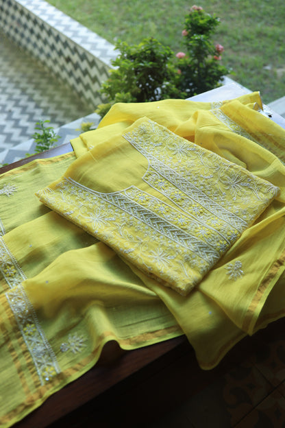 Yellow Mal Chanderi Silk Chikankari With Sequins Unstitched Kurta Dupatta Set