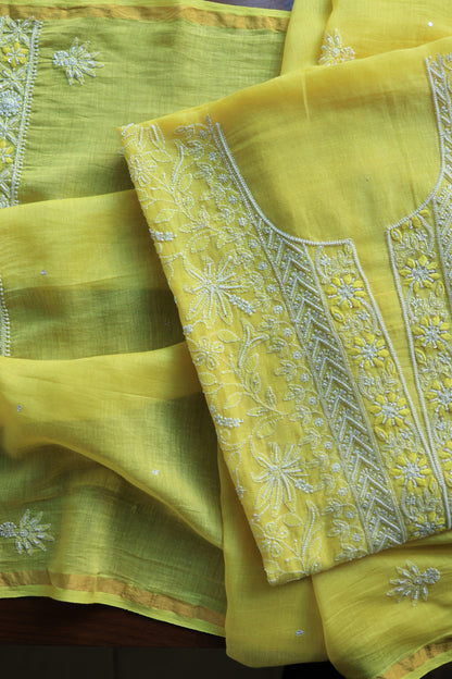 Yellow Mal Chanderi Silk Chikankari With Sequins Unstitched Kurta Dupatta Set