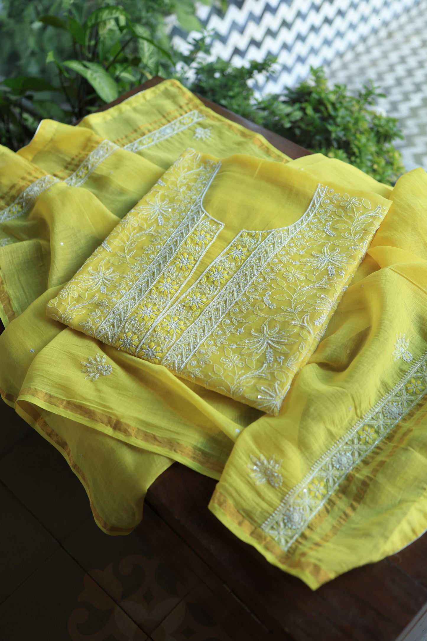 Yellow Mal Chanderi Silk Chikankari With Sequins Unstitched Kurta Dupatta Set