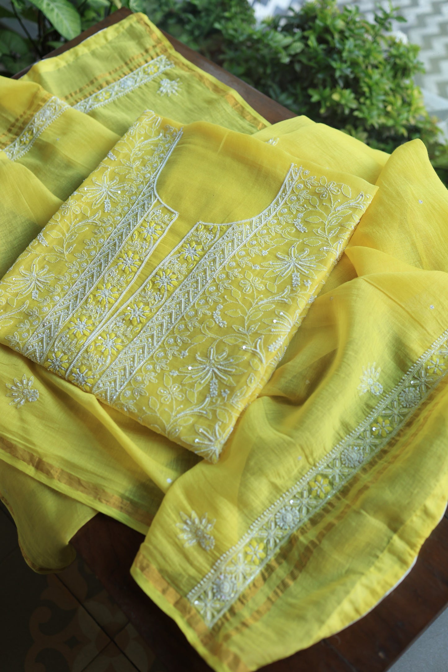 Yellow Mal Chanderi Silk Chikankari With Sequins Unstitched Kurta Dupatta Set