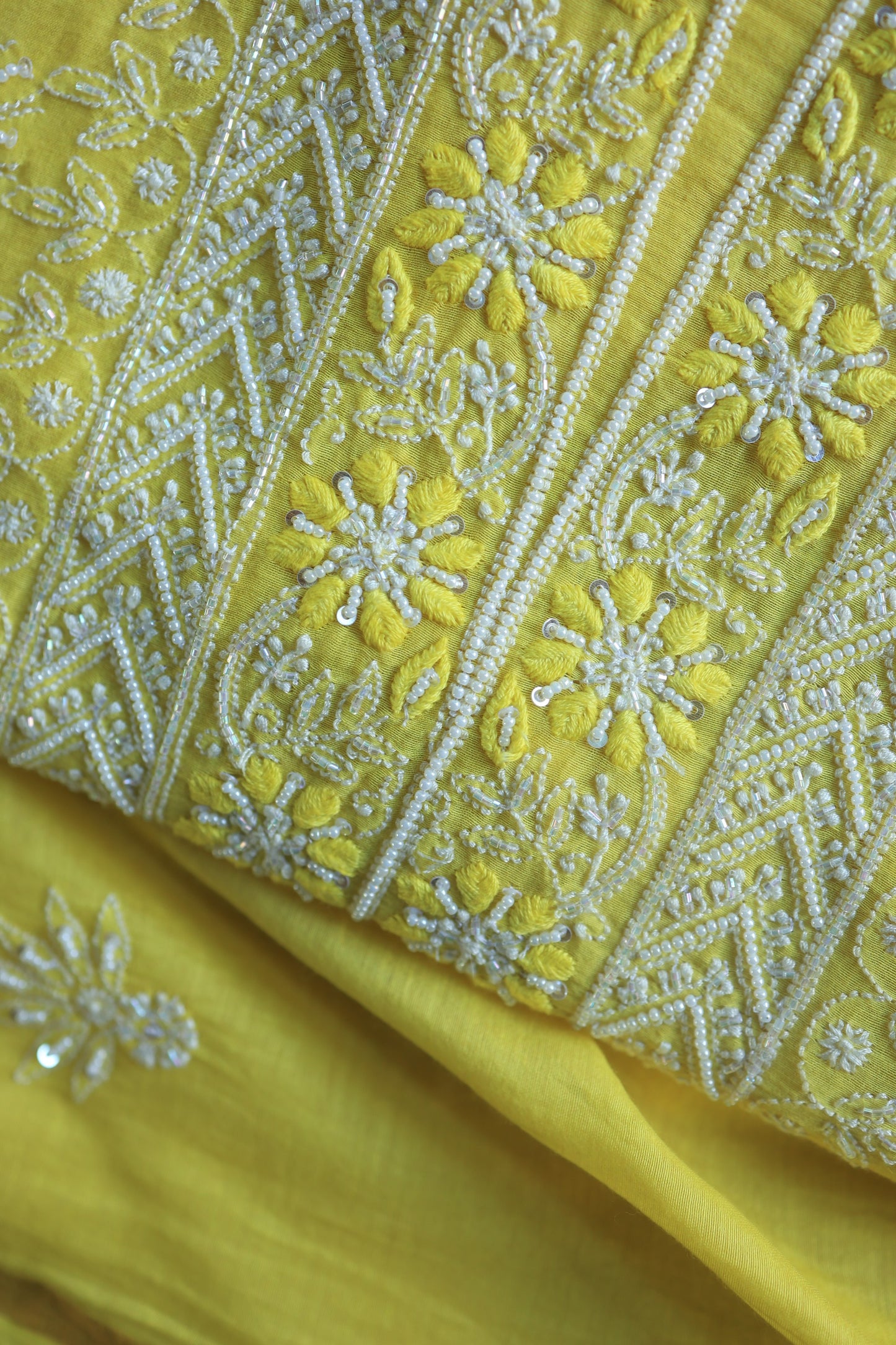 Yellow Mal Chanderi Silk Chikankari With Sequins Unstitched Kurta Dupatta Set