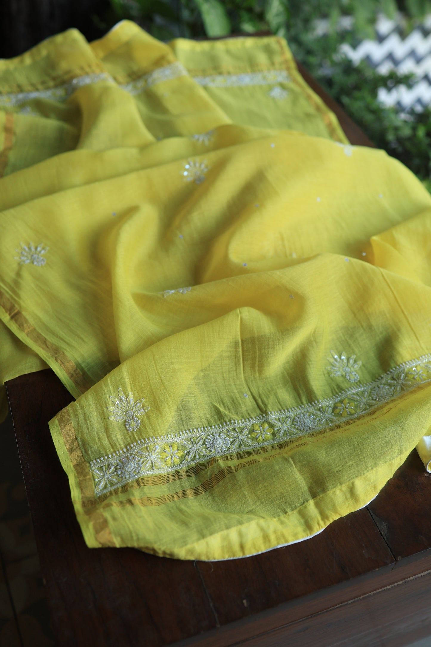 Yellow Mal Chanderi Silk Chikankari With Sequins Unstitched Kurta Dupatta Set