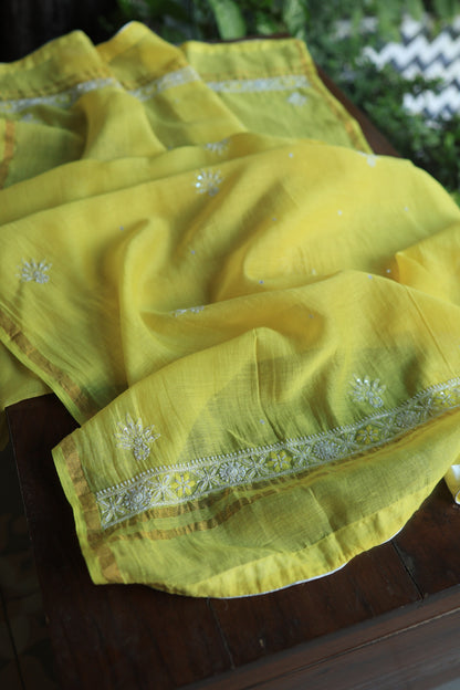 Yellow Mal Chanderi Silk Chikankari With Sequins Unstitched Kurta Dupatta Set