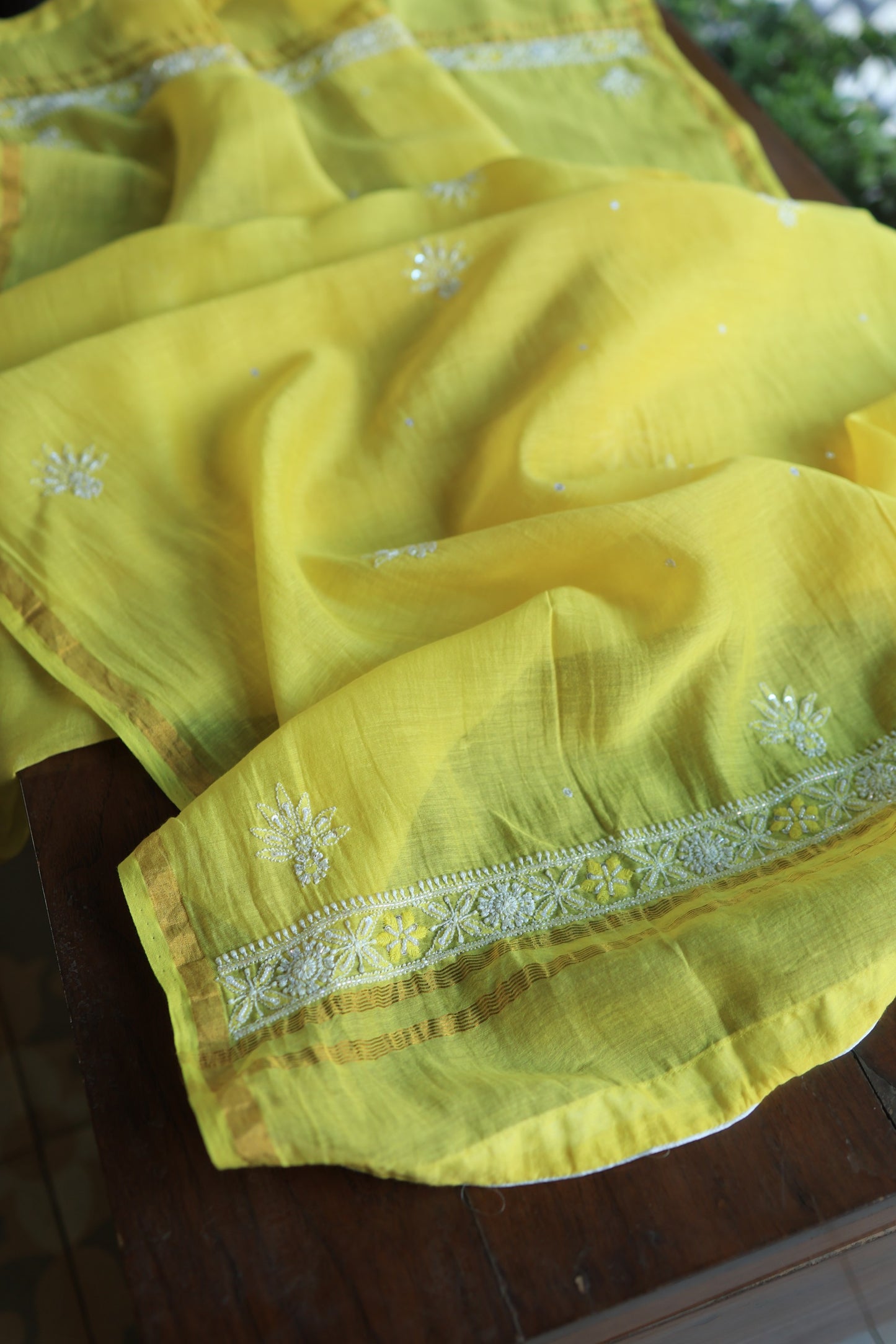 Yellow Mal Chanderi Silk Chikankari With Sequins Unstitched Kurta Dupatta Set