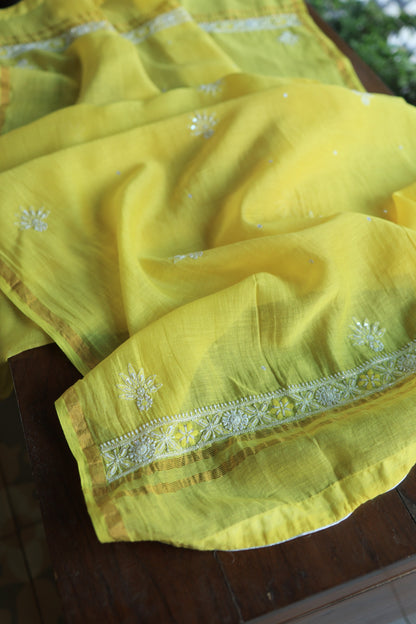 Yellow Mal Chanderi Silk Chikankari With Sequins Unstitched Kurta Dupatta Set