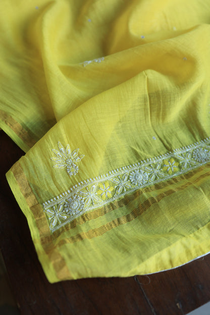 Yellow Mal Chanderi Silk Chikankari With Sequins Unstitched Kurta Dupatta Set