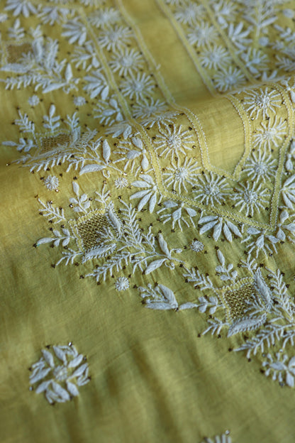 Yellow Mal Cotton Chikankari Kurta & Dupatta Set with Mukaish Work