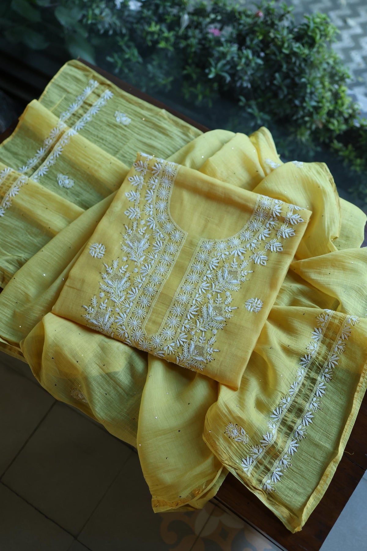 Yellow Mal Cotton Chikankari Kurta & Dupatta Set with Mukaish Work