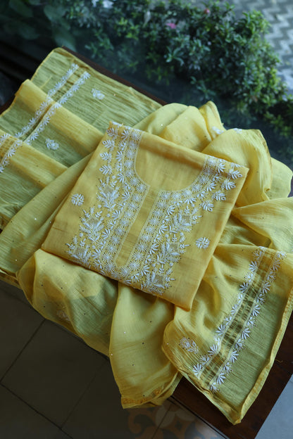 Yellow Mal Cotton Chikankari Kurta & Dupatta Set with Mukaish Work
