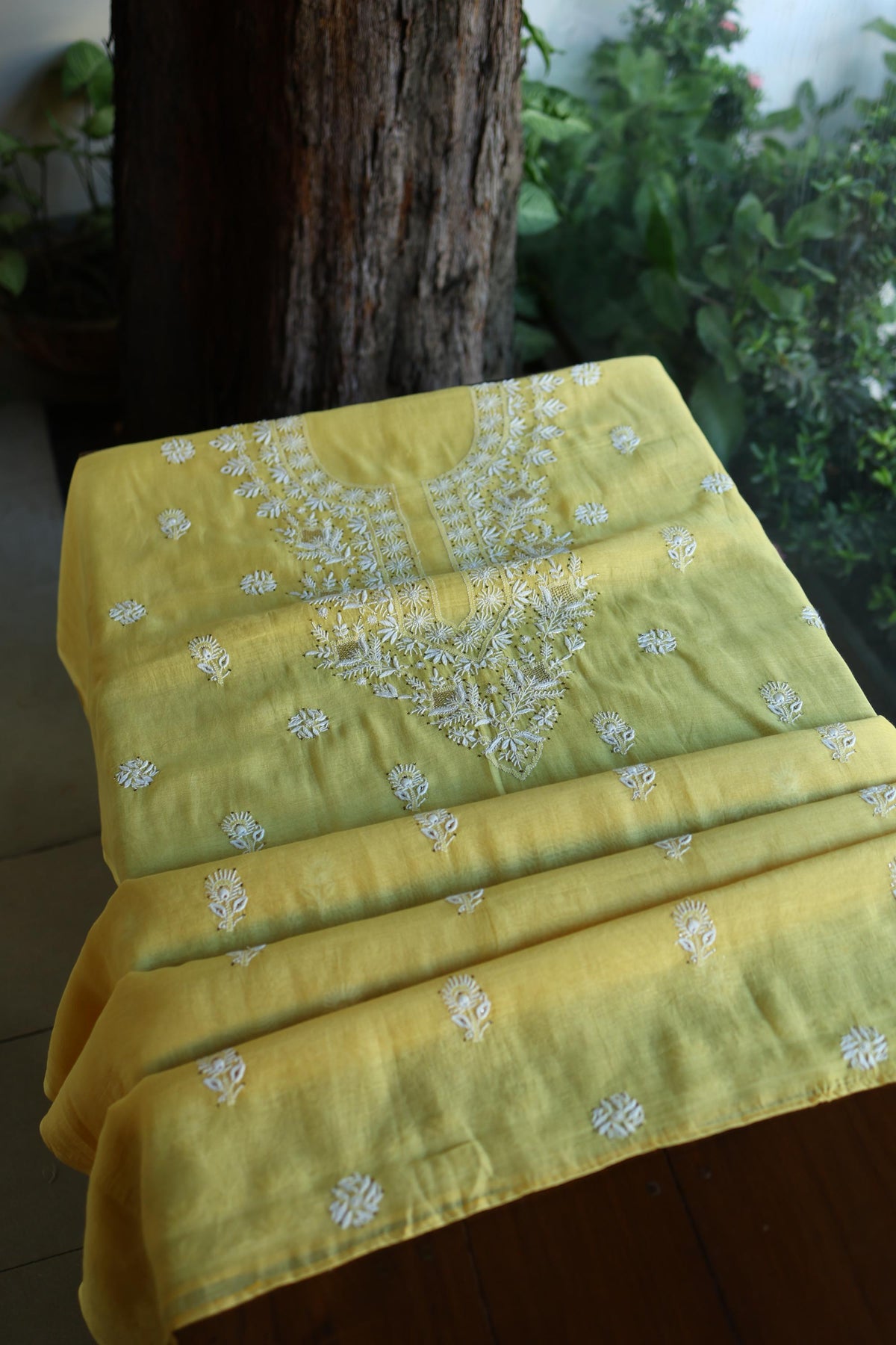 Yellow Mal Cotton Chikankari Kurta & Dupatta Set with Mukaish Work