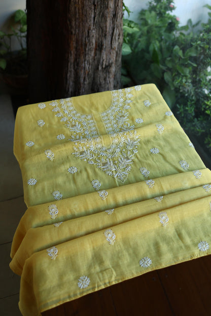 Yellow Mal Cotton Chikankari Kurta & Dupatta Set with Mukaish Work