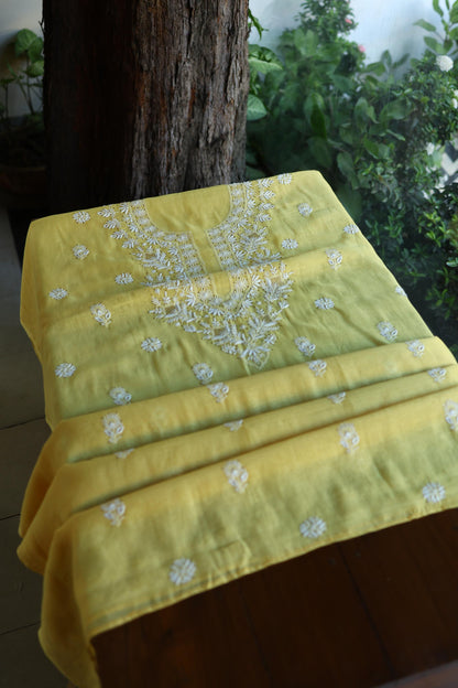 Yellow Mal Cotton Chikankari Kurta & Dupatta Set with Mukaish Work