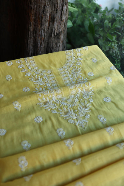 Yellow Mal Cotton Chikankari Kurta & Dupatta Set with Mukaish Work