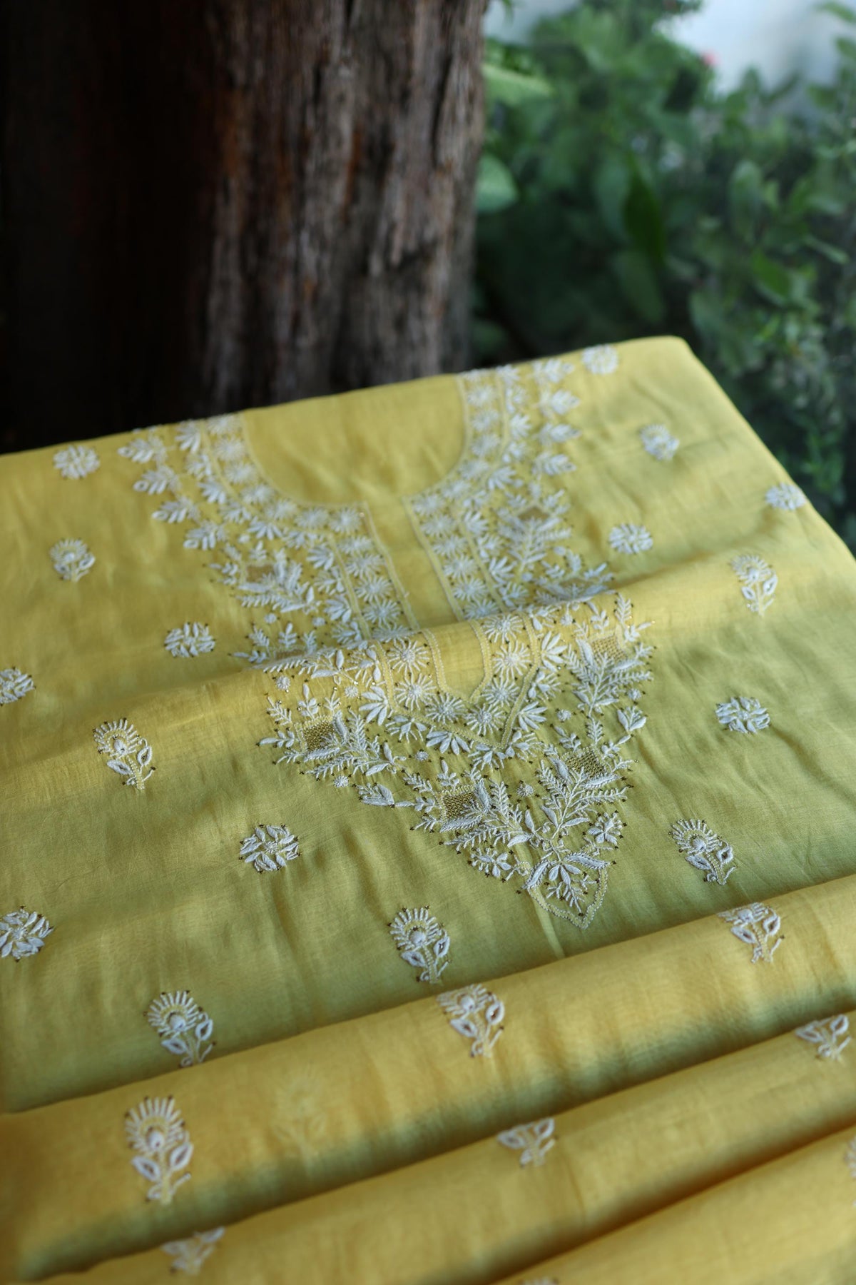 Yellow Mal Cotton Chikankari Kurta & Dupatta Set with Mukaish Work