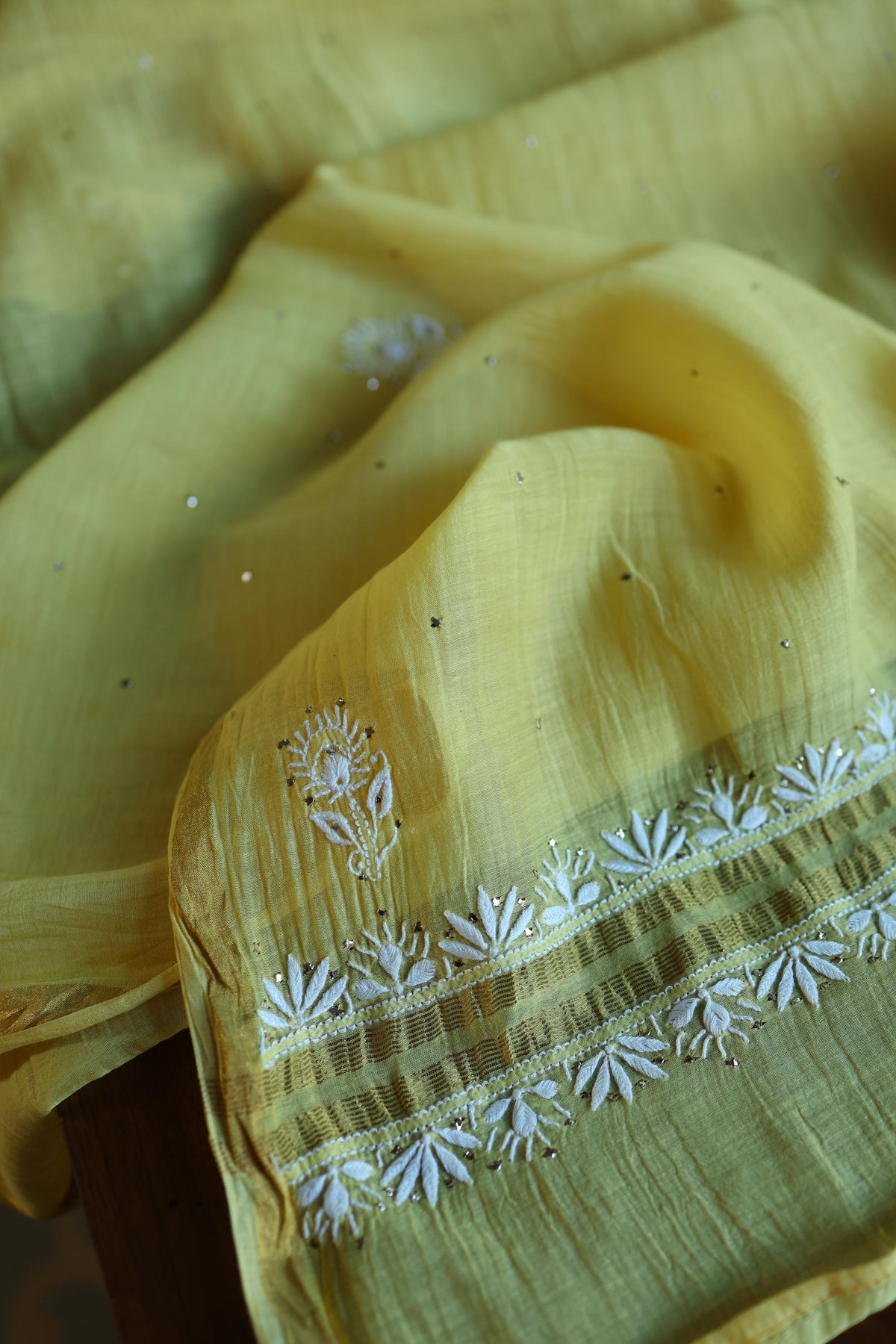 Yellow Mal Cotton Chikankari Kurta & Dupatta Set with Mukaish Work