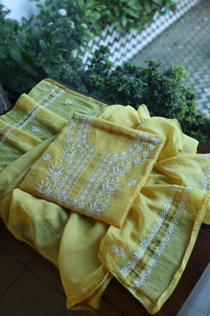 Yellow Mal Cotton Chikankari Kurta & Dupatta Set with Mukaish Work