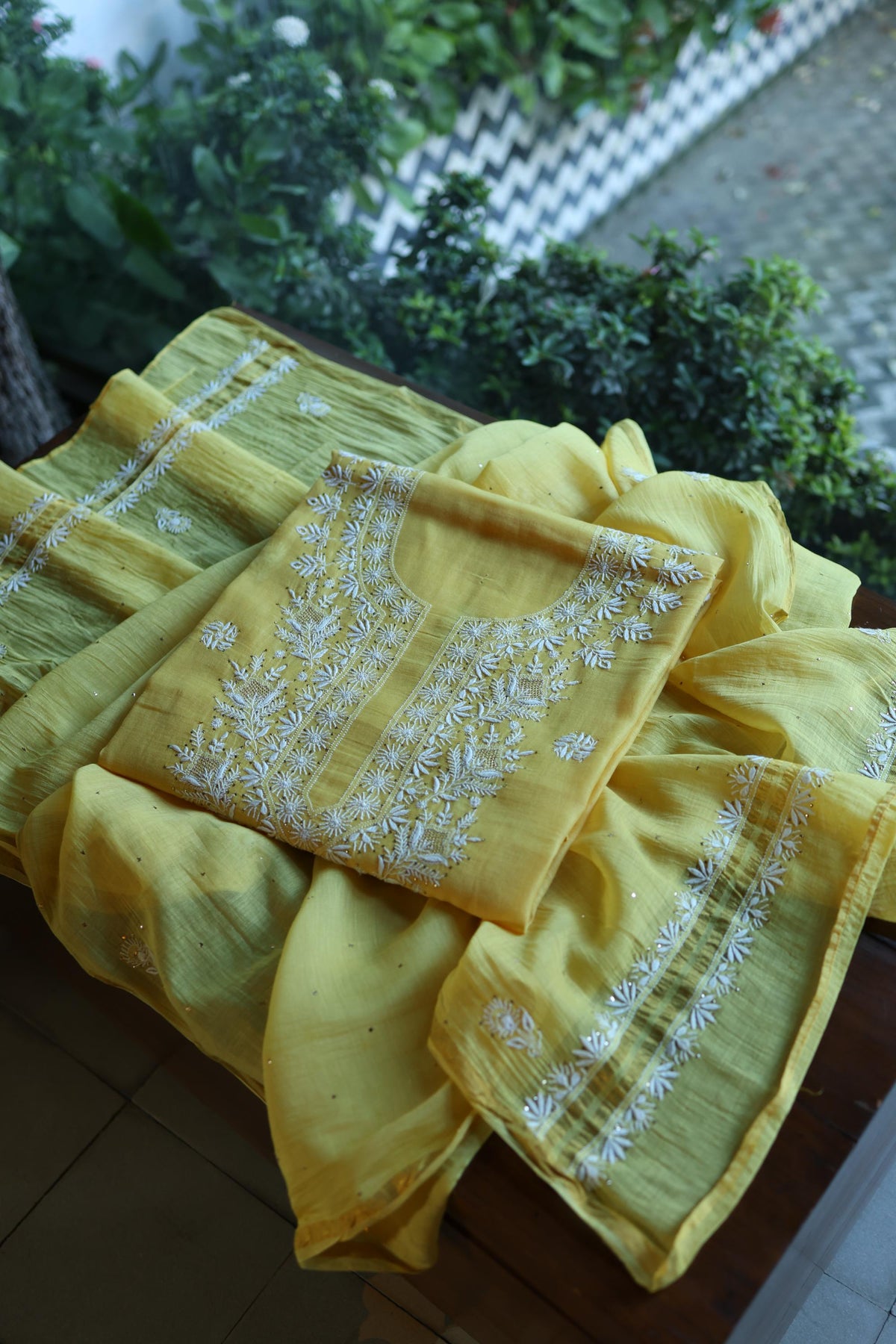 Yellow Mal Cotton Chikankari Kurta & Dupatta Set with Mukaish Work